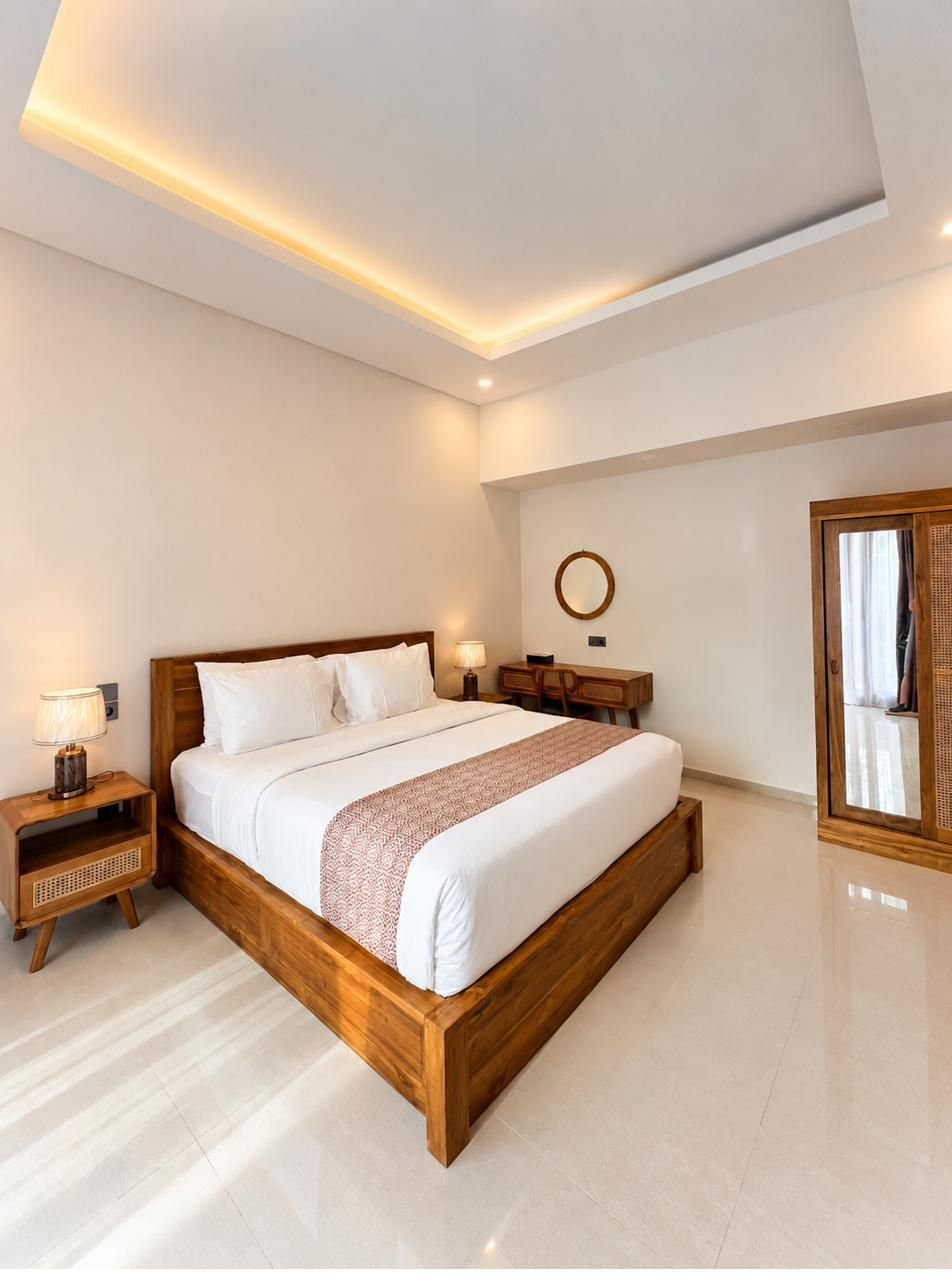 Bright bedroom with teak furniture